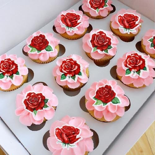 40 PCS Edible rose Cupcake Toppers Wafer Paper Red Rose Flower Cupcake Picks Rose Drink Topper Wedding Engagement Themed Party Valentine's Day Birthday Party Cake Decoration