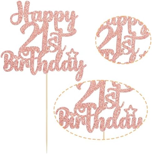 Gyufise 1Pc Happy 21st Birthday Cake Topper Glitter 21 & Fabulous Cheers to 21 Years Old Birthday Cake Pick for Celebrating 21st Birthday Anniversary Party Cake Decorations Rose Gold