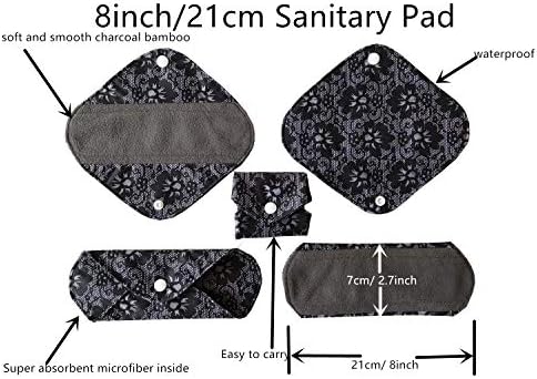 MUMBABY 3pcs Set 1pc Mini Wet Bag +1pcs 8inch Pantyliner +1pcs 10 Inch Regular Charcoal Bamboo Mama Cloth/Menstrual Pads/Reusable Sanitary Pads (Black Lace)