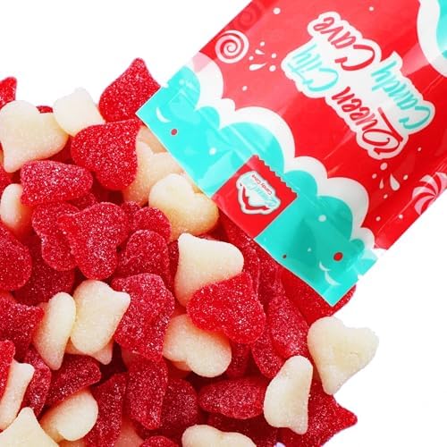 Sugar Dusted Sweet Cherry Candy Hearts - Red and White Jelly Hearts - Cherry and Strawberry Banana Fun Shape Vibrant Gummy Valentine Heart Candy, Valentines Day Candies - Shaped Heart Gummies (1 Pound)