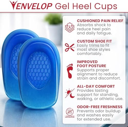 Vive Envelop Gel Heel Cups - Heel Cushion for Women, Men, Bone Spur, Plantar Fasciitis Support - Shoe Inserts Provide Foot Pain Relief for Achilles, Feet Arch, Kids - Shock Absorbing Protector Pad