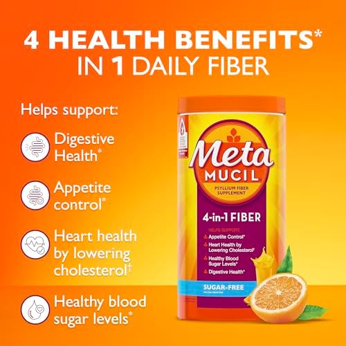 Metamucil 4-in-1 Psyllium Husk GLP-1 Friendly Fiber Supplement, Sugar-Free, 72 teaspoons, Orange Flavored, Daily Fiber Powder for Digestive Health, made with Plant-Based Psyllium Husk Fiber