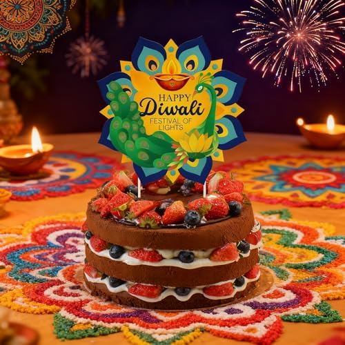 KYMY Happy Diwali Cake & Cupcake Toppers Set, 1PC Diyas Cake Topper & 12PCS Deepavali Rangoli Cupcake Picks, India Festival of Lights Birthday Table Decorations for Hindu Diwali Themed Party Supplies