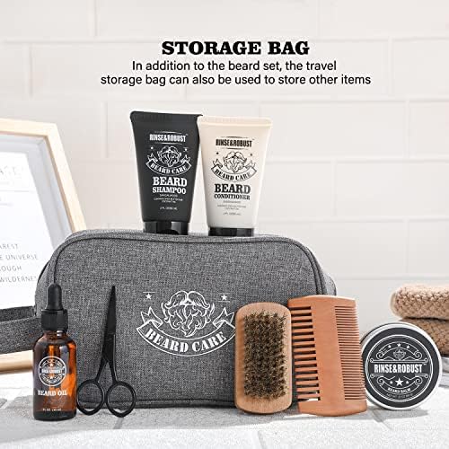 Rinse & Robust Beard Kit for Men, Christmas Gifts for Him, Beard Care & Grooming Travel Set, Beard Oil & Balm Gift Set with Toiletry Bag, Holiday Stocking Stuffers for Dad Husband Boyfriend