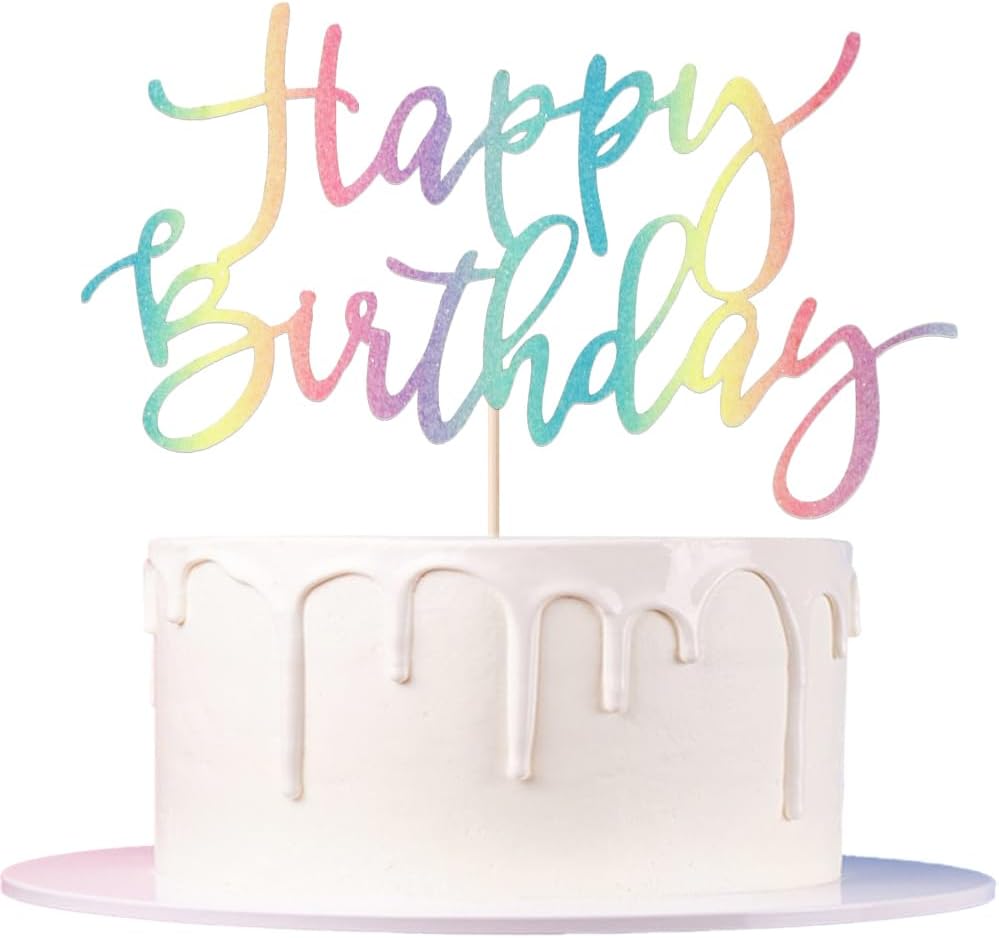 Rainbow Happy Birthday Cake Topper, Glitter Birthday Party Decoration Supplies