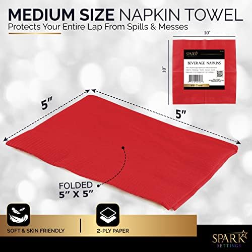 100 Pack Red Beverage Napkins, Big Party Pack, 2 Ply, Ideal for Wedding, Party, Birthday, Dinner, Lunch, Cocktails. (5” x 5”) by Amcrate