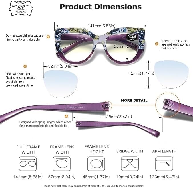 100 CLASSIC 3-Pack Oversized Cat Eye Blue Light/Anti-Glare Reading Glasses for Women Spring Hinges Floral Readers Ladies