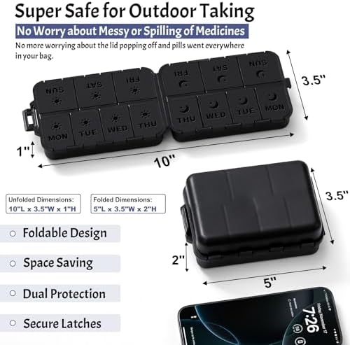 New Foldable & Double Protection Portable Weekly Pill Organizer 2 Times A Day with Etched Labels, AM PM 7 Day Week Medicine Box, Daily Travel Pill Case Dispenser for Vitamin, Supplement - All Black