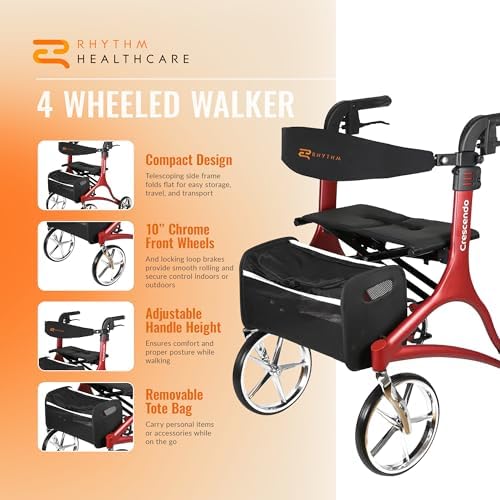 Rhythm Healthcare Crescendo Rollator 4 Wheel Walker with Height and Depth Adjustable Backrest, Foldable Design and Removable Tote Bag, Matte Red