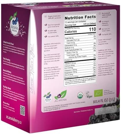 Aronia Original Organic Aronia Berry Juice Box 101.4 Fl Oz - 100% Pure Chokeberry Juice, Not from Concentrate - No Additives, Vegan & Non-GMO