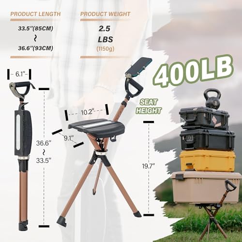 STEP2GOLD Ta-Da Chair Series 2 PRO MAX - Walking Cane with Seat, Sturdy Foldable Stool Supports 400 lb, Lightweight Aluminum Walking Stick with Chair, Anti-Slip, Ideal for Hiking & Outdoors (Black)