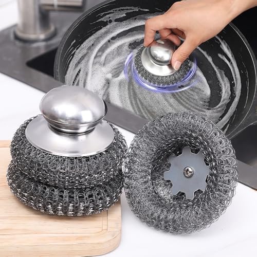 Kitchen Stainless Steel Pot Brush with Handles Dishwashing Wire Ball Heavy Duty Metal Scrubber Home Pot Pan Cleaning Tool (1Pcs)