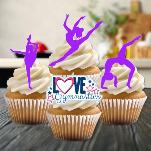 Purple Gymnastics Silhouettes Edible Cupcake Toppers - Stand Up Wafer Cake Decorations, Gym Tumble Edible Cake Decorations, Gymnast Party Favours Cookie Toppers (Pack of 12)