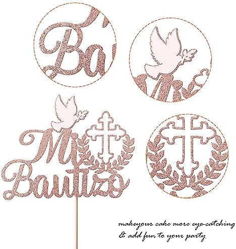 1 Pack Spanish Mi Bautizo Cake Topper Glitter Cross First Holy Communion Baptism Cake Pick for Religious God Bless Baptism Baby Shower First Communion Cake Decoration Party Supplies Rose Gold