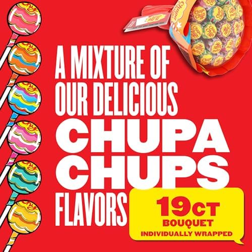 Chupa Chups Flower Lollipop Bouquet, Assorted Fruity Flavors, Easter Candy, Easter Basket Essentials Stuffers for Kids and Adults, Fun Individually Wrapped, 19 Lollipops
