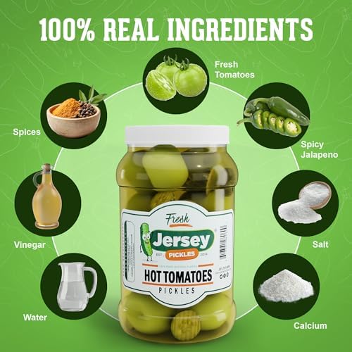 Jersey Pickles - Hot Pickled Tomatoes (Gallon) – Pickled Vegetable – Handcrafted Gourmet Topping for Sandwiches, Charcuterie & More