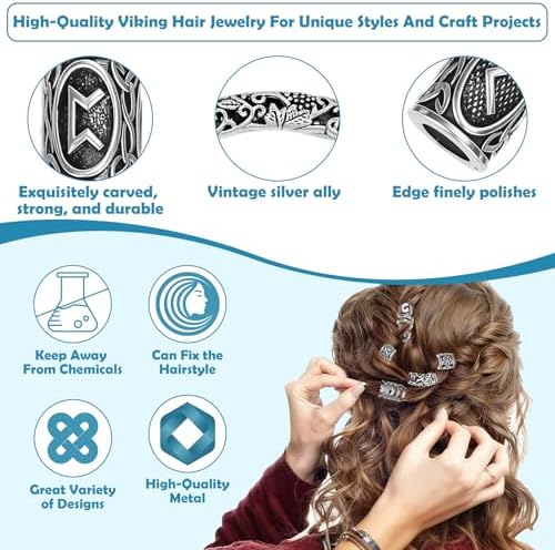 247Pcs Viking Hair Accessories Norse Runes Tube Beads Metal Cuffs Clips Rings, Dreadlock Beads Braids Locs Hair Jewelry Set for Women Men Beard Decoration Bracelets Necklace DIY Silver