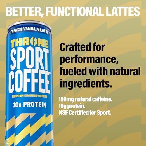 Throne Sport Coffee Latte – 10g protein - 150mg Natural Caffeine and B Vitamins – Lactose-Free, Premium Arabica, NSF Certified, Active Lifestyles – French Vanilla, 12 Pack