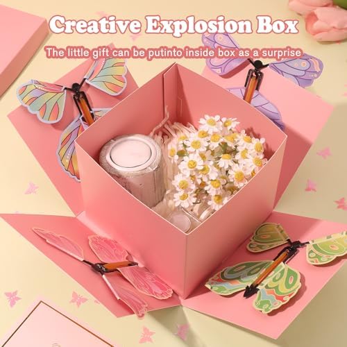 tesaiue Pink Flying Butterfly Surprise Gift Box, DIY Birthday Explosion Pink Gift Box with 8 Pcs Flying Butterfly and Confetti‌, Exploding Fantasy Decor for Birthday, Anniversary, Wedding, Mother's Day, Graduation Party