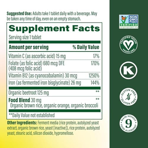 MegaFood Blood Builder Iron Supplement for Women & Men - Increase Iron Levels Without Side Effects - Combats Fatigue - with Vitamin B12, Folic Acid & Vitamin C for Absorption - Vegan - 30 Tablets