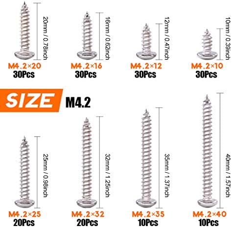 180-Pcs [#8 3/8" to 1-1/2"] 304 Stainless Steel Round Pan Head Phillips Cross Wood Screws Self Tapping Drilling Screws Assortment Kit