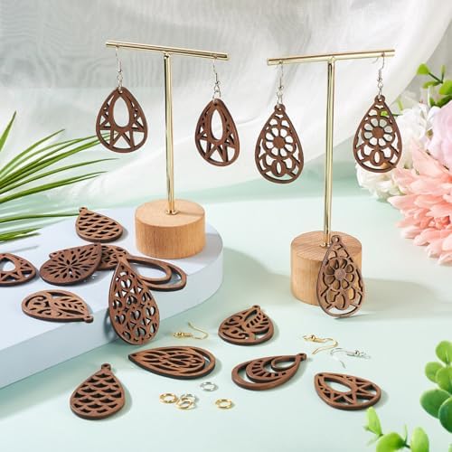 Elecrelive DIY Dangle Earrings Kits 11 Pairs Teardrop Walnut Wood Pendants Natural Wood Earring Blanks with Hooks for DIY Craft Jewelry Making