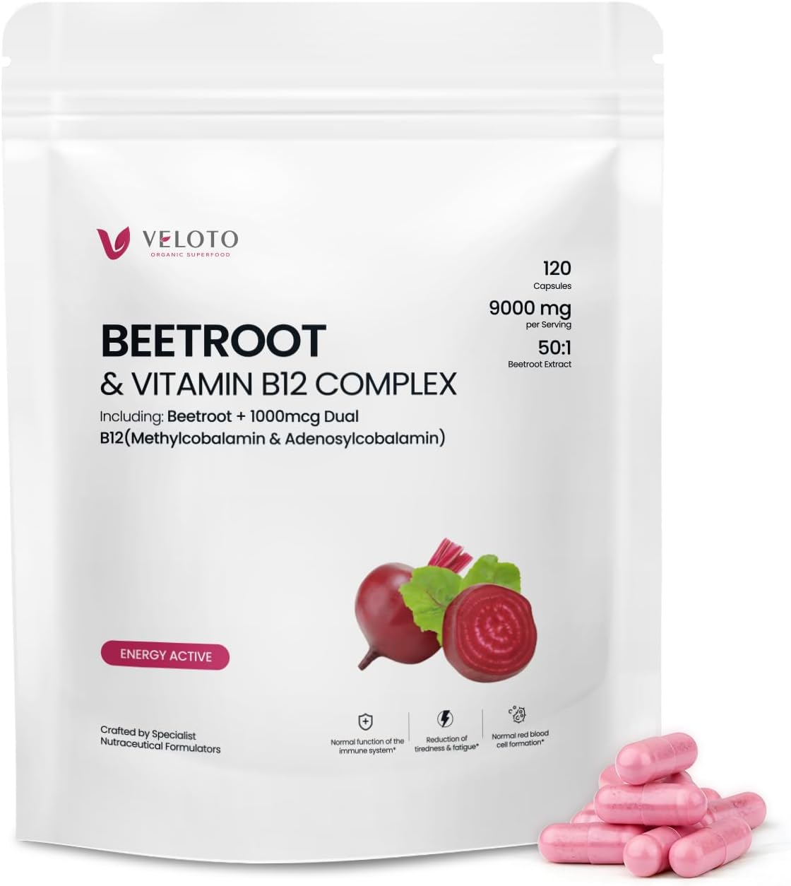VELOTO High Strength Beet Root Extract 50:1 – 180mg per Capsule with Vitamin B12 1000mcg, Nitric Oxide & Antioxidant Support, Daily Energy & Endurance Support, Vegan, Non-GMO, 120 Veg Capsules
