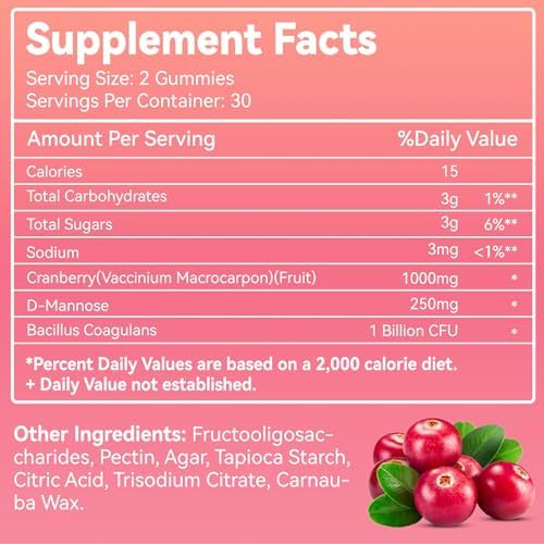 Cranberry Gummies 1000mg, Supplements for Women, with D-Mannose 250mg, Womens Probiotic Gummies, Urinary Tract Health, Cranberry Flavor, NO GMOs, 60 Count