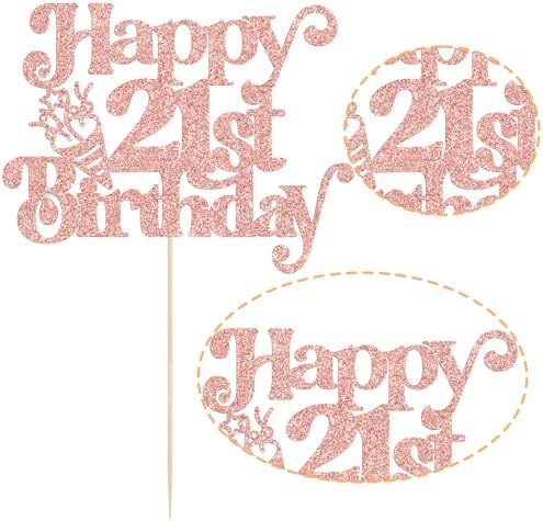 Gyufise 1Pc Happy 21st Birthday Cake Topper Glitter Happy Birthday Cake Pick Cheers to 21 Years for 21st Anniversary Wedding Party Cupcake Decorations Supplies Rose Gold