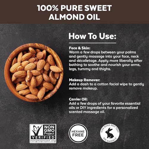 Viva Naturals Sweet Almond Oil, 16 fl. oz – Skin & Hair Moisturizer, Body & Massage Oil, Carrier Oil for Essential Oils, Non-Greasy & Pure
