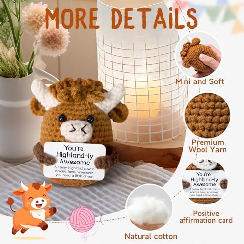 Highland Cow Gifts, Positive Crochet Animals with Positive Messages, Emotional Support Highland Cows of Desk Decor for Women Men Coworker Friends, Awesome Crochet Cow Gifts for Birthday
