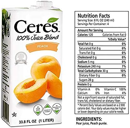 Ceres 100% All Natural Pure Fruit Juice Blend, Peach - Gluten Free, Rich in Vitamin C, No Added Sugar or Preservatives, Cholesterol Free - 33.8 FL OZ (Pack of 1)
