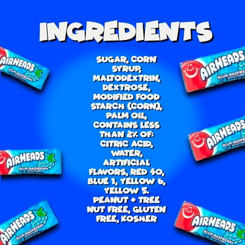 Airheads Candy Mini Bars, Blue Raspberry Flavor, 80 Pieces Bulk Bag, Individually Wrapped Non-Melting Chewy Fruit Taffy, Gluten Free, Perfect for Birthdays, Parties & Pantry (2 lbs)