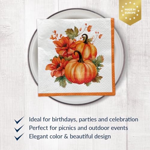 PAW - Luncheon Halloween Napkins 6,5'' x 6,5'', Disposable Paper Napkins with Pumpkin, Lunch Napkins for Halloween Parties, Kids Parties, Autumn, Decoupage, Tableware Party Supplies, 50 Count