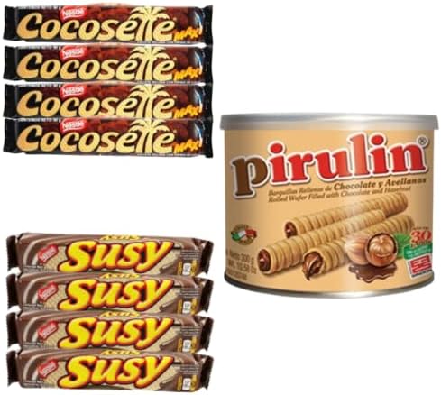 Latinsabor Venezuela Snacks Sweet Pack: COCOSETTE Cookie Wafers 50 gr (4 Pack) + SUSY Cookie Wafers 50 Gr (4 pack) + Pirulin Wafer Filled with Hazelnut and Chocolate Can 300 gr