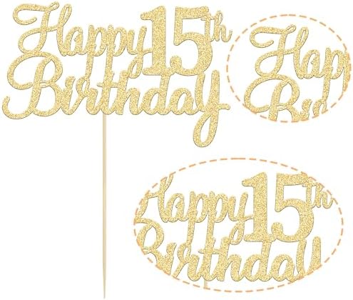 Gyufise 1Pc Gold Happy 15th Birthday Cake Topper Glitter 15th Birthday Cake Pick Cheers to 15 Years Old Fifteen Fabulous Cake Decorations for 15th Birthday Theme Party Supplies