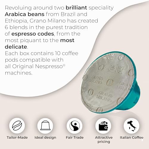 Grano Milano Ristretto - 50 Espresso Pods Compatible with Nespresso Original line, Medium Roast - Intensity 10/12, Espresso Coffee Capsules Made in Italy