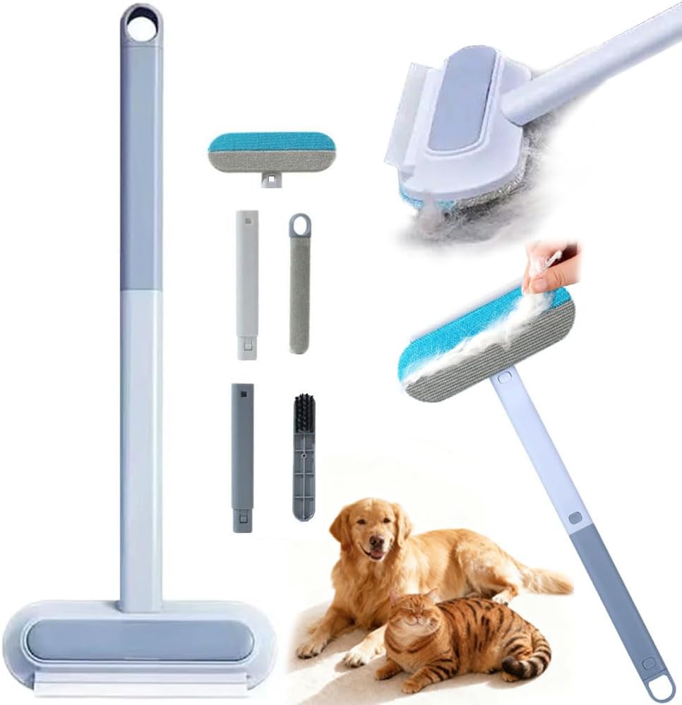 4 in 1 Pet Hair Remover, Long Handle Multifunctional Fur Lint Brush for Couch, Furniture, Carpet, Clothes, Bedding, Washable Dog and Cat Hair Lint Removal Brush 17.3 inch
