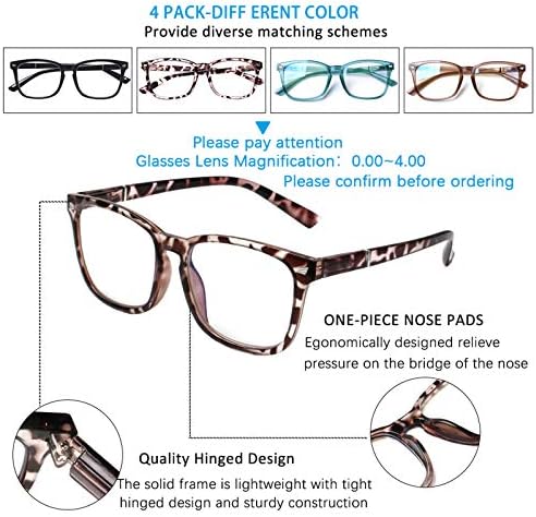 Henotin 4-Pack Blue Light Blocking Reading Glasses Women Men,Spring Hinge Computer Readers,Anti UV Ray Square Nerd Eyeglasses (4-pack Mix Color, 2.50, Diopters)