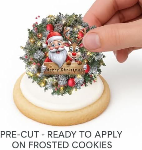 Santa Wreath Christmas Cookie & Cupcake Edible Images – 20-2” Precut Holiday Toppers – Easy to Use