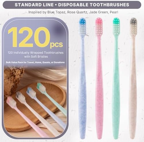 120-Pack Disposable Toothbrushes Individually Wrapped, Soft PBT Bristle Bulk Travel Manual Toothbrushes for Adults & Kids, Guest Bathroom, Hotel, Camping, Donation – 4 Gemstone Colors