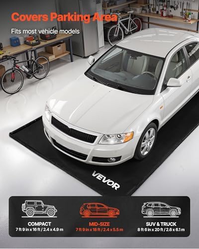 VEVOR Containment Mat, 7 ft 9 in x 18 ft, Non-Slip PVC Garage Floor Mat with a Cleaning Squeegee, Heavy Duty Durable Waterproof Containment Protection from Snow, Rain and Mud for Cars Parking, Black