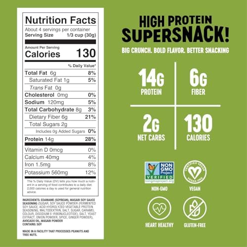 The Only Bean Edamame Dry Roasted Edamame Beans Snack (Wasabi Soy Sauce), Wasabi Peas Alternative, Asian Japanese Snacks, Healthy High Protein Snacks, Low Carb, Gluten Free, 4oz (Pack of 3)