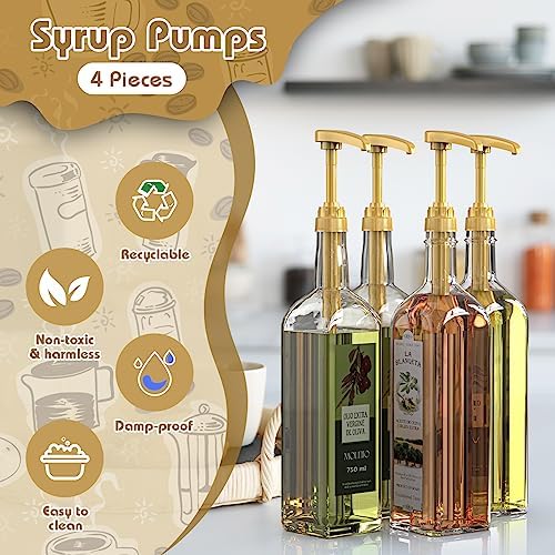 Coffee Syrup Pump Dispenser, 4 Packs of Syrup Pump for 750ml/25.4 oz Syrup Bottle, Gold Pumps for Coffee Syrup Bottle, works with Torani, DaVinci, Jordans Skinny 750ml Syrups Bottles (Gold)