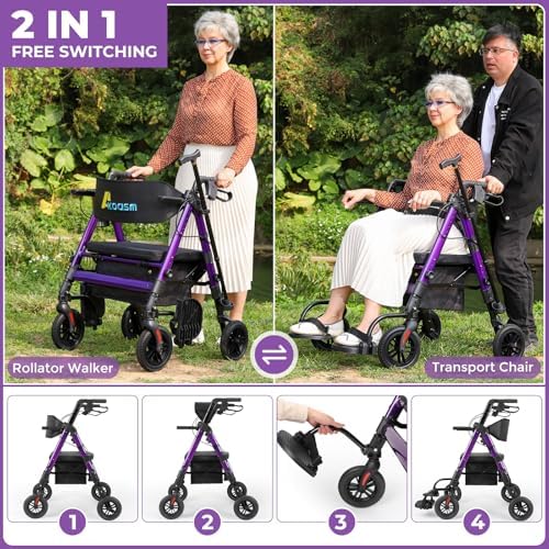 Heavy Duty Rollator Walkers for Seniors with Seat, Foldable 2 in 1 Rolling Walker Wheelchair Combo for Adult, All Terrain Wheels, Adjustable Transport Chair with Brake, 450 lb. Weight Capacity, Purple