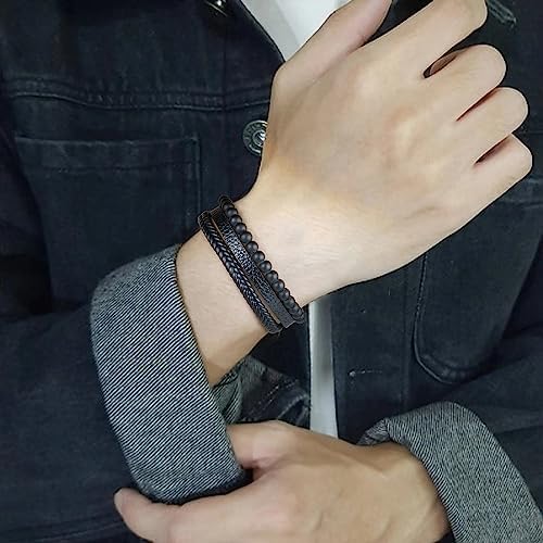 Leather Bead Bracelets for Men, Natural Tiger Eye Lava Rock Stone Bead Magnetic Clasp Adjustable Leather Bracelets Stress Relief Mens Anxiety Bracelet Mens Jewelry Gifts