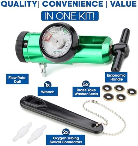 Oxygen Regulator 0-15LPM - Oxygen Tank Regulator with Gauge, CGA-870 Fitting - Includes Wrench Key, 5 Brass Yoke Washer Seals, and 2 Tubing Swivel Connectors - O2 Flow Meter - Green