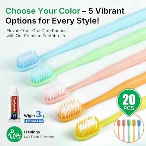 20 Pack Disposable Toothbrushes with Toothpaste, Individually Wrapped, Soft PBT Bristles, Peanut Grip Handle, Fluoride-Free, Bulk Travel Kit for Hotel, Guests, Emergency, Adults & Kids