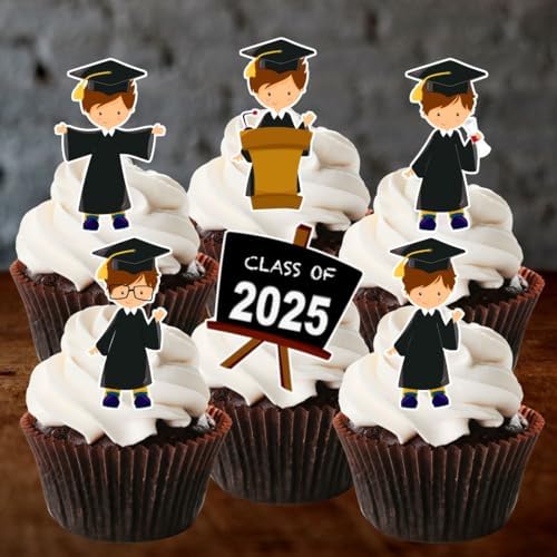 Graduation Boy #1 Edible Cupcake Toppers - Stand Up Wafer Cake Decorations (Pack of 24)