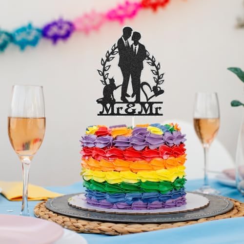 Mr & Mr With Cat Cake Topper, Gift for Gay Wedding Cake Decor,Silhouette Couple Groom and Groom Wedding Engagement Anniversary Party Decoartions